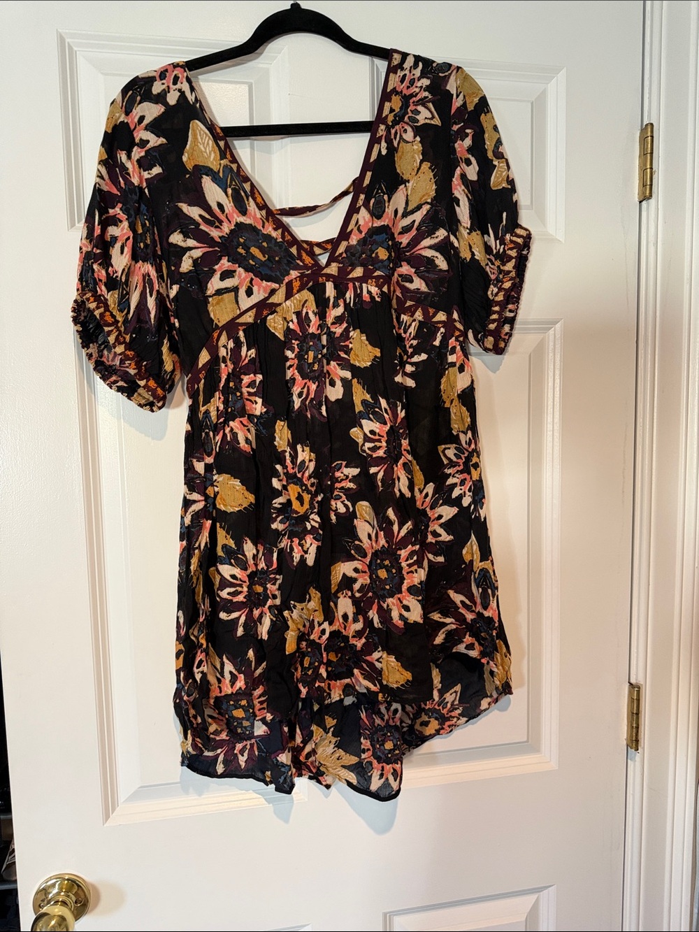 Free People Black Floral V-Neck Crisscross Romper with Mustard and Pink Accents